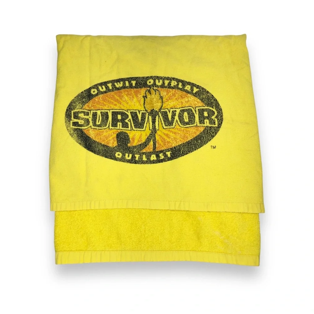 Vtg Magic Beach Towel Yellow Survivor Outwit Outplay Outlast Sun & Surf 30